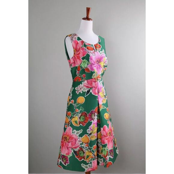 Talbots Vibrant Green Fruit Floral Print A Line Pleated Midi Dress 4 Petite - Picture 2 of 9